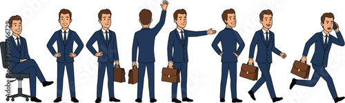 Businessman in blue suit character set sitting standing walking and running vector illustration