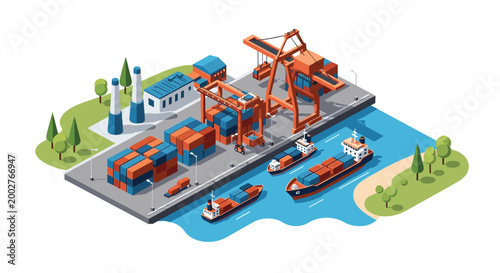 Modern sea port facility in an isometric view showing cargo ships, shipping containers, cranes, and logistics infrastructure.