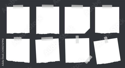 Collection of eight white blank paper notes and sticky reminders attached with translucent adhesive tape to a dark gray textured background.