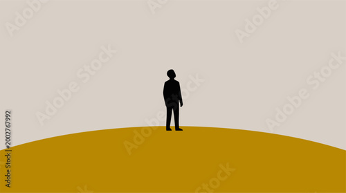 Minimalist silhouette of a person looking up with hope on a yellow landscape.