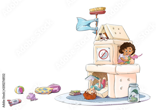 Little children playing on a cushion construction, children's illustration