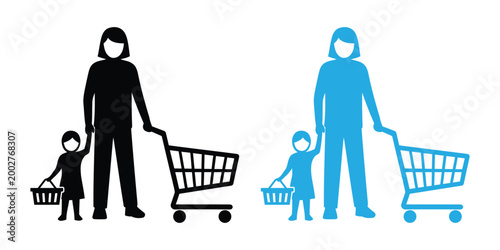 Shopping silhouette mother and child with shopping cart dual color scheme