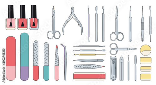 Comprehensive set of professional manicure and pedicure tools including nail polishes, clippers, files, and tweezers for beauty salon service.