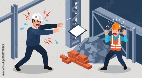 Enraged Foreman Throws Clipboard While Construction Worker Cowers — Explosive Workplace Rage Vector
