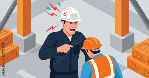 Foreman Breaks Fourth Wall Confronting Viewer While Scolding Construction Worker — Witness Perspective Vector