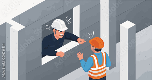 Foreman Pointing Through Window Opening at Trapped Construction Worker Inside — Interior Conflict Vector
