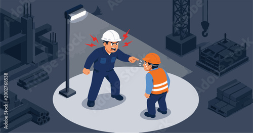 Night Scene Foreman and Worker in Work Lamp Spotlight on Dark Construction Site — Isolated Conflict Vector