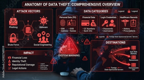 Cybersecurity threats overview understanding data theft risks digital environment infographic actionable insights