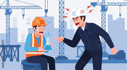 Foreman Blocking Construction Gate Confronting Worker — Authority at Entrance Flat Vector Illustration