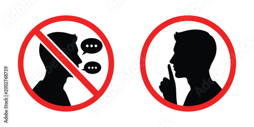 No talking or revealing secrets silhouette sign with red prohibition circle