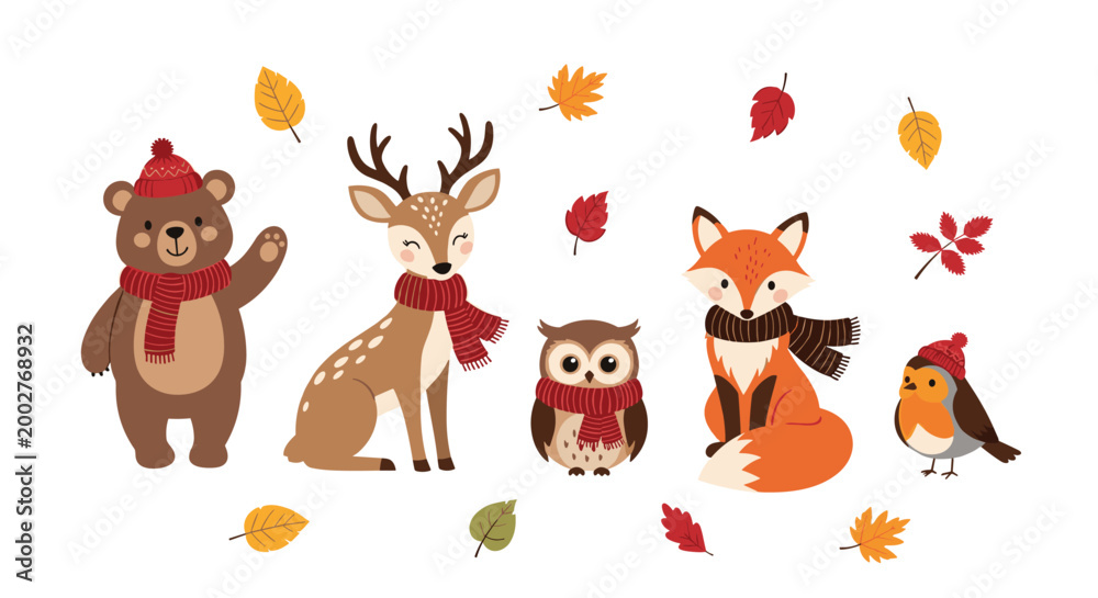 Fototapeta premium Cute forest animals like a bear, deer, fox, and owl wear cozy scarves and hats among falling autumn leaves on white.