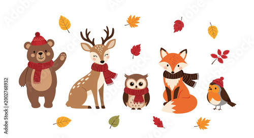 Cute forest animals like a bear, deer, fox, and owl wear cozy scarves and hats among falling autumn leaves on white.