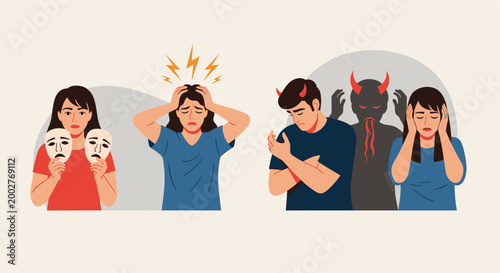 Illustration highlights different mental health struggles including stress, depression, hearing voices, and hiding emotions.