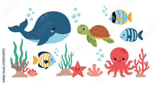 Cartoon underwater scene features a friendly whale, sea turtle, octopus, and colorful fishes swimming near coral reefs.