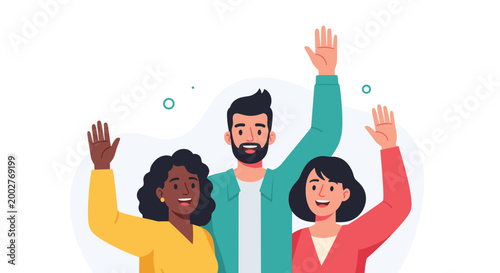 Group of three diverse happy friends waves their hands with friendly smiles to show a warm greeting and positive energy.