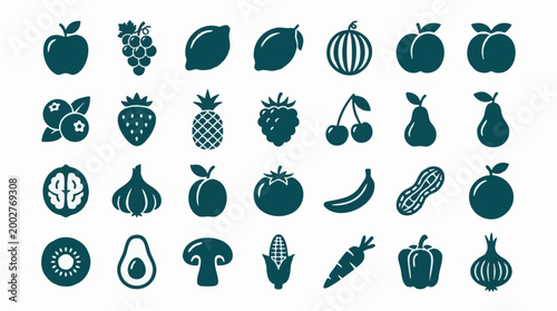 Collection of various fruit and vegetable icons on a white background