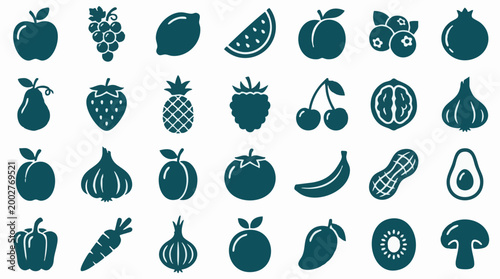 Collection of fresh fruit and vegetable icon illustrations