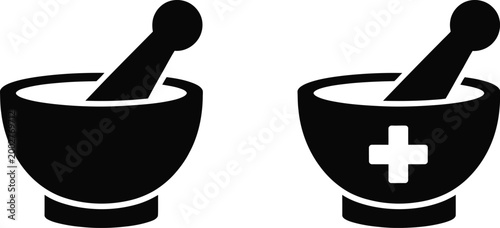 Medical symbol contrast, illustration, traditional and modern designs with mortar and pestle representing healthcare evolution pharmacy and medicine concept.