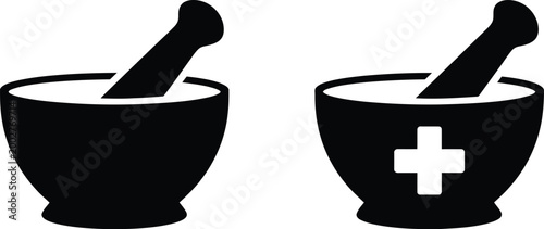 Medical symbol contrast, illustration, comparison of classic mortar and pestle with modern healthcare symbols for pharmacy medicine and medical design concepts.