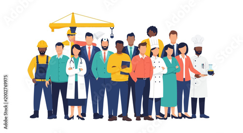Celebrating international workers' day, a diverse group of people representing various professions stands together against a clean white background, symbolizing labor day and the strength