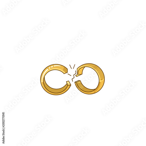 A conceptual illustration showing two broken gold wedding rings on white background