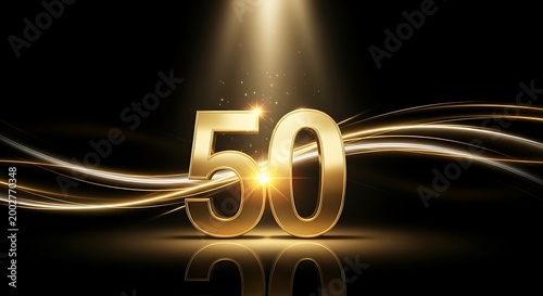 Golden 50th anniversary number fifty luxury elegant 3D glowing spotlight abstract light waves black background high resolution digital image