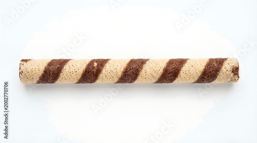 Close up striped chocolate wafer roll snack.