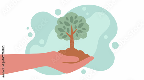 Human hand holding a small tree with soil, symbolizing environmental protection and growth