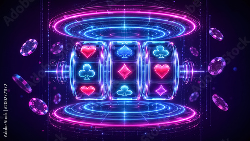 Futuristic neon slot machine with glowing casino symbols and cyberpunk gambling interface on dark background. 