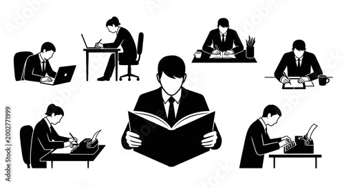 A collection of black and white illustrations depicting people engaged in various office and writing tasks, including typing, reading, and using technology.
