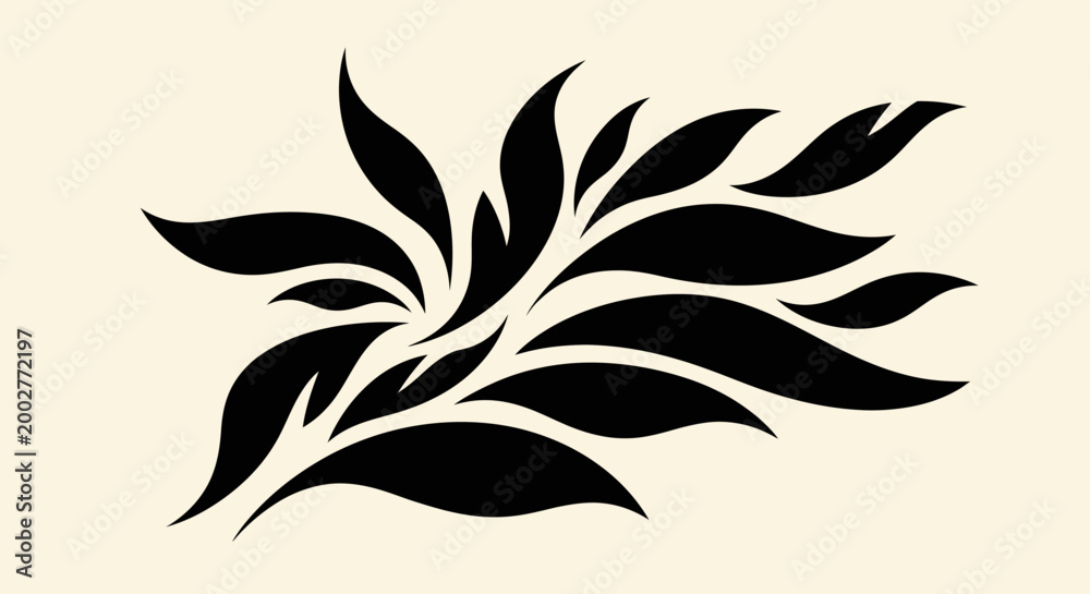 Fototapeta premium A stylized black graphic design resembling a burst of leaves or flames against a light beige background.
