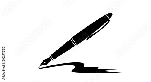 A black silhouette of a fountain pen drawing a wavy line on a white background.