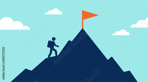 Hiker Climbing Mountain Towards Flag on Peak - Goal, Ambition, and Success