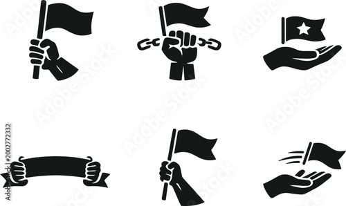 Hands holding flags and banner stick figures illustration