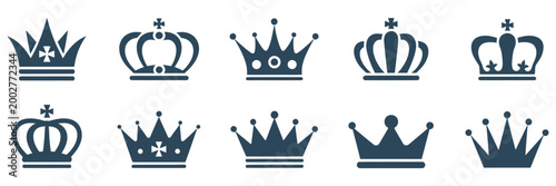 Royal crown icon, king queen tiara symbols, luxury monarchy graphics, regal diadem collection, vector illustration