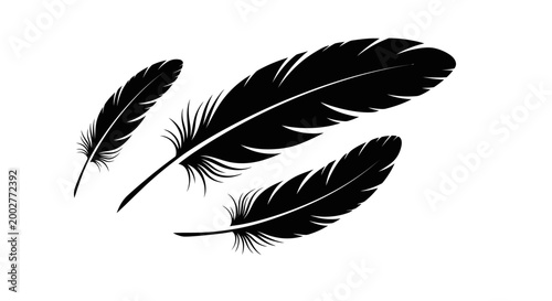 Foto Three elegant black feathers are depicted against a stark white background, showcasing their delicate structure and flowing lines