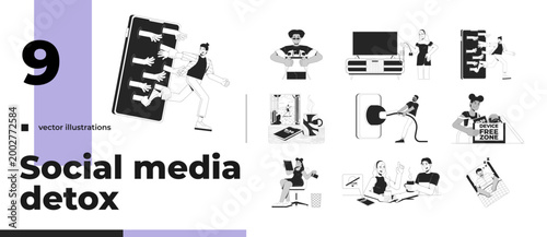 Social media detox lifestyle outline illustrations bundle. Device free. Mental wellness. Unplug. Escaping smartphone dependency 2D linear images isolated. Collection black and white vector drawings