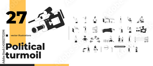 Modern social issues and societal themes outline illustrations mega bundle. Immigration and labor. Media influence. Diverse people 2D linear images isolated. Collection black and white vector drawings