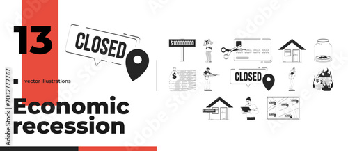 Economic recession and business closure outline illustrations bundle. Closed sign. Financial loss. Overpriced house. Inflation 2D linear images isolated. Collection black and white vector drawings