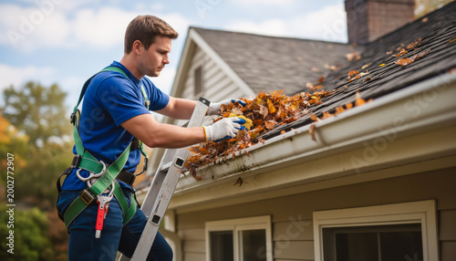 professional worker on ladder wearing safety harness and gloves cleaning autumn leaves from house roof gutters during home maintenance and preparation for winter season in sunny weather