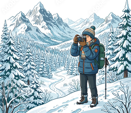 A photographer captures scenic winter landscape with snow-covered mountains and trees.