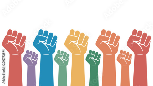 Colorful raised fists symbolizing unity protest empowerment activism social justice movement diversity equality solidarity human rights community strength concept