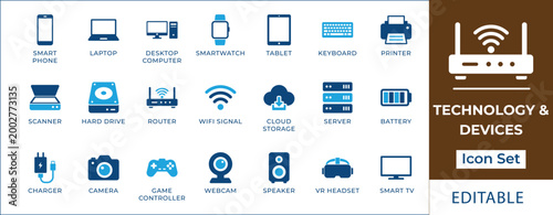 Technology and electronic devices icon set featuring smartphone, laptop, smartwatch, cloud storage, WIFI router, server, VR headset, smart TV, and computer hardware symbols.