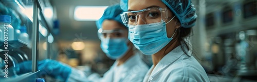 Two scientists in protective gear (masks, goggles, lab coats) working in a modern cleanroom