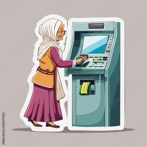 Elderly Woman in Hijab Using ATM Machine