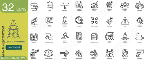 Project management line icon outline business planning schedule timeline set of editable stroke symbols for workflow task budget meeting risk milestone teamwork communication