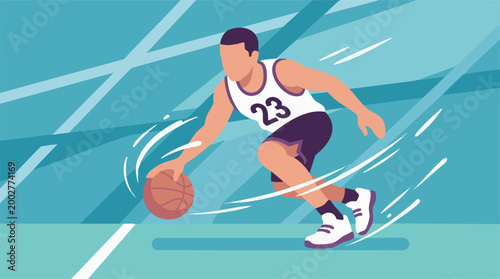 Dynamic illustration of a basketball player dribbling the ball on a court