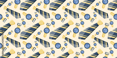 Seamless Pattern with Tie and Watch Mens Style. Background with Gentleman Elements. Recurring Print for Fathers Day Man Dad Daddy. Mans Vector Illustration design for holiday advertising packaging