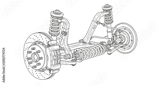Detailed technical line drawing of a car's independent suspension system, showcased in a clean, schematic style against a stark white background, emphasizing the intricate engineering