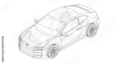 Isometric line drawing of a compact car showcasing its design with detailed mechanical components visible through a transparent body, set against a clean white background